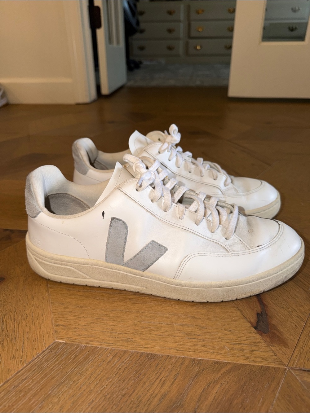 Veja V-12 Men's White Leather Sneakers with Gray 'V' Accent